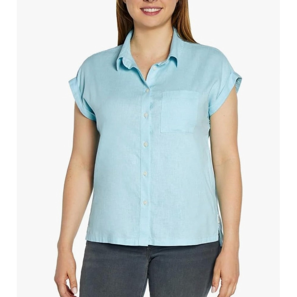 Orvis Womens XL Light Blue Linen Blend Short Sleeve Button Up Shirt Pocket Hem
